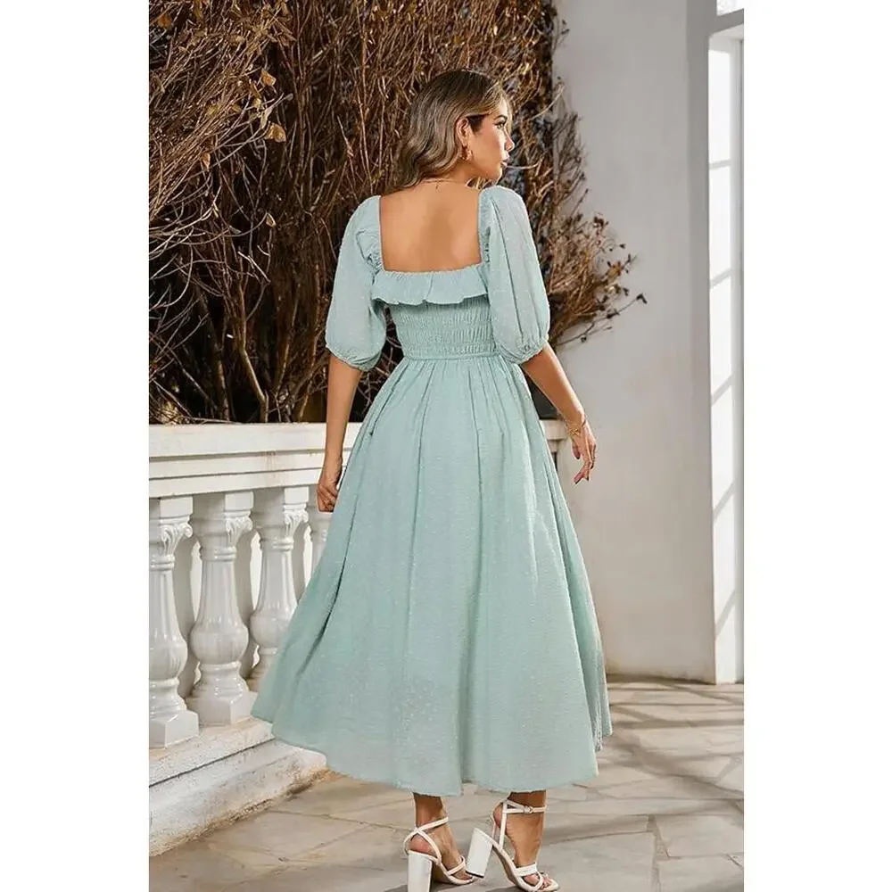 R.VIVIMOS Off-Shoulder Smocked Midi Dress – Size Medium ✨ - Picture 3 of 7